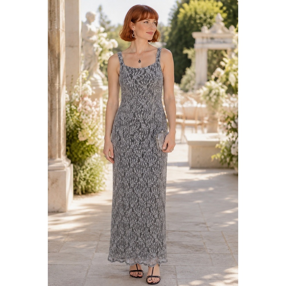 Boho Whimsigoth Helene Blake Y2K 90s Silver Metallic Lace Crochet Maxi L Dress